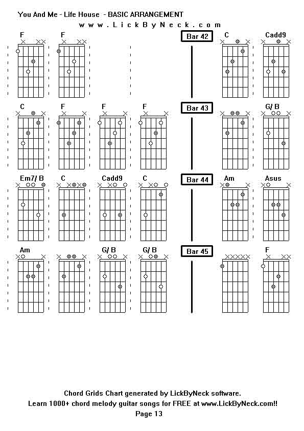 Chord Grids Chart of chord melody fingerstyle guitar song-You And Me - Life House  - BASIC ARRANGEMENT,generated by LickByNeck software.